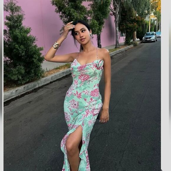 NWT ZARA FLORAL PRINT SLIP DRESS GREEN AND PINK - Picture 11 of 17